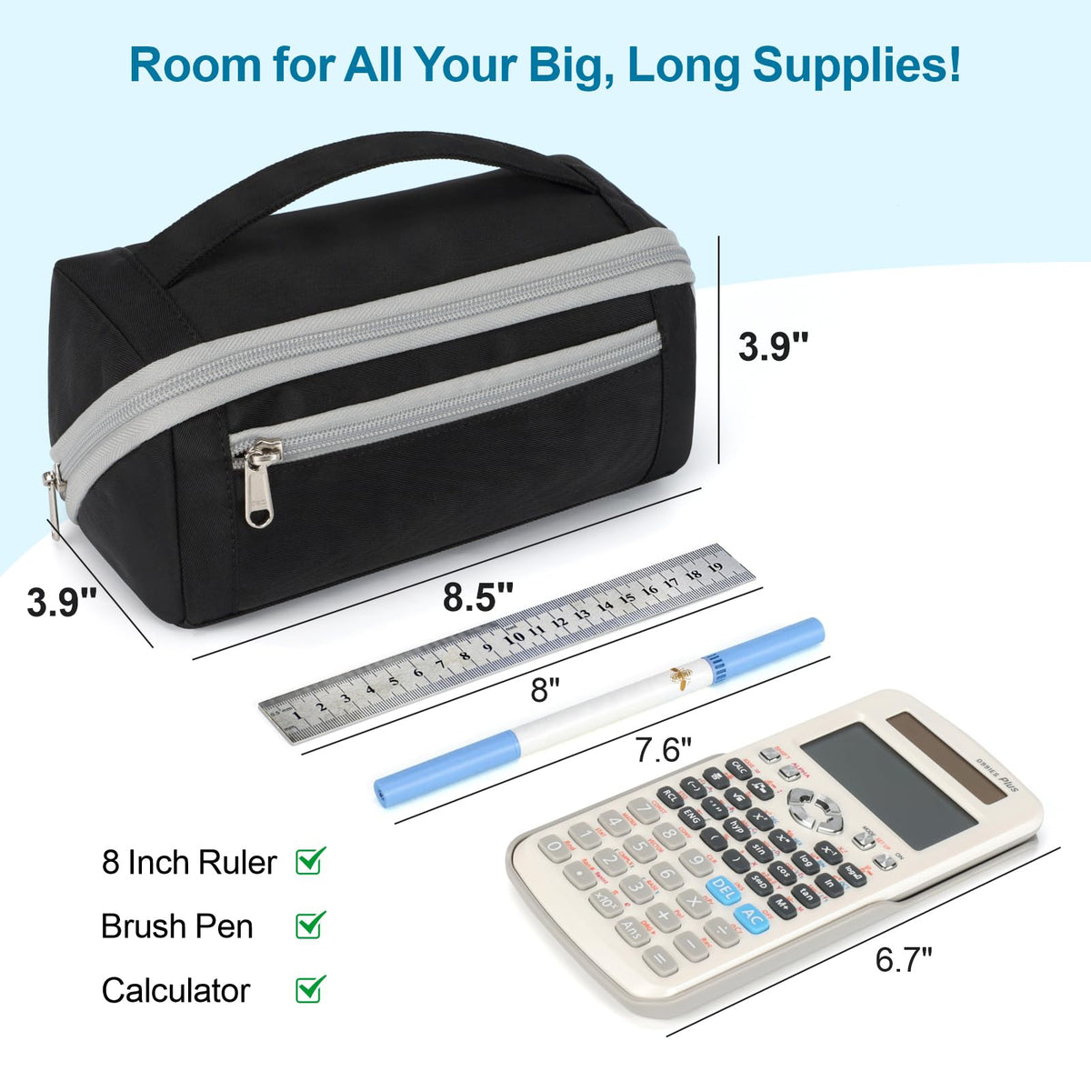 BrainyBees Large Capacity Pencil Case - Pencil Pouch for Teen Boys, Aesthetic Pouch Organizer with 8 Compartments, Wide Opening Marker Bag for Middle High School College, Fits Calculator, Black