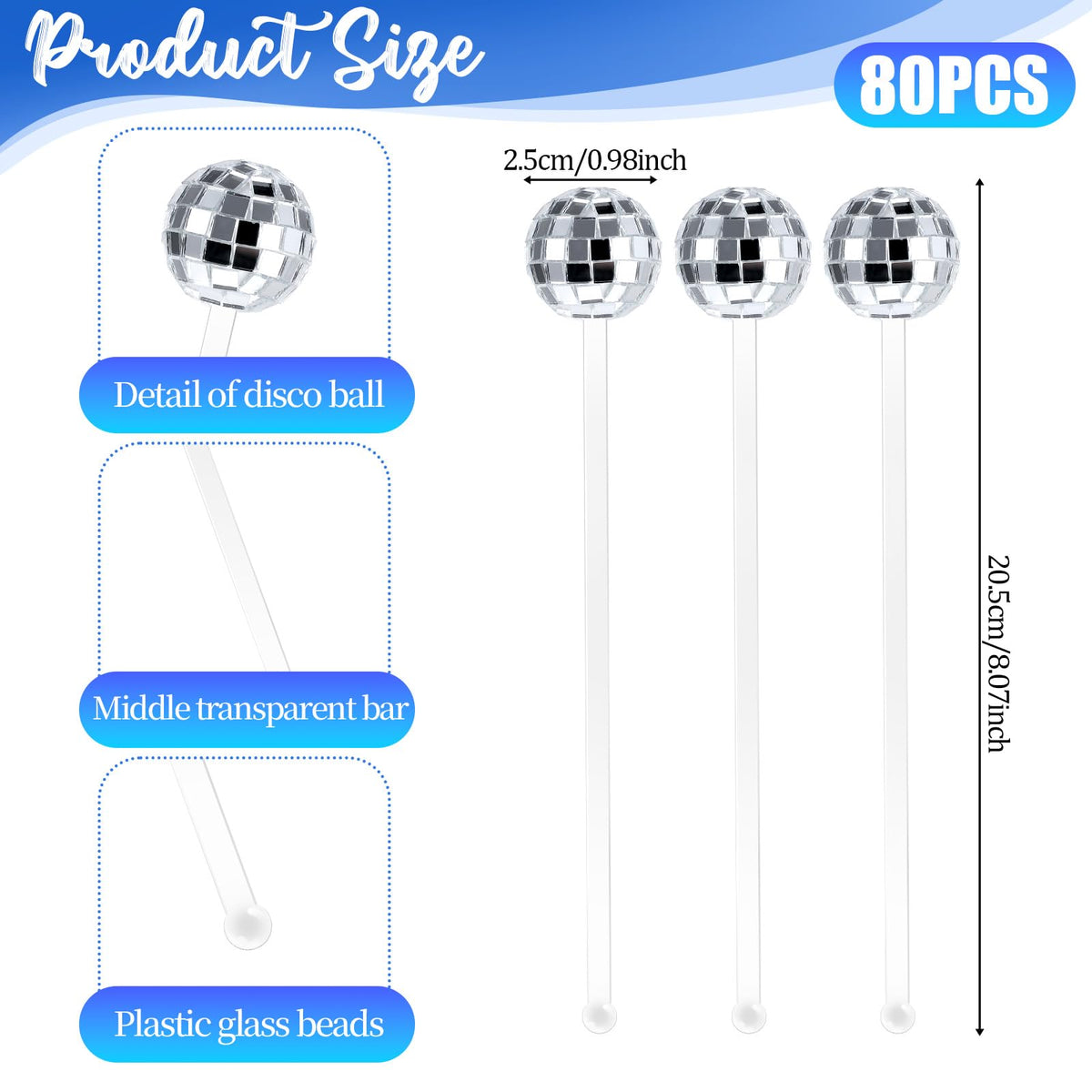 JJUNW 80 Pcs Disco Balls Cocktail Stirrers, Round Top Swizzle Sticks, Cake Pops Mirror Ball Coffee Beverage Stirrers Decorative Straws for Home Bar Bachelorette Wedding New Year Party Decor