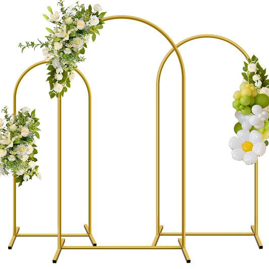 YAYOYA Metal Arch Backdrop Stand, Set of 3 (6/6.6/7.2 ft) Wedding Arched Frame with 12 Ground Nails, Stable Arched Background Stand for Wedding, Baby Shower, Birthday Party, Photography, Gold
