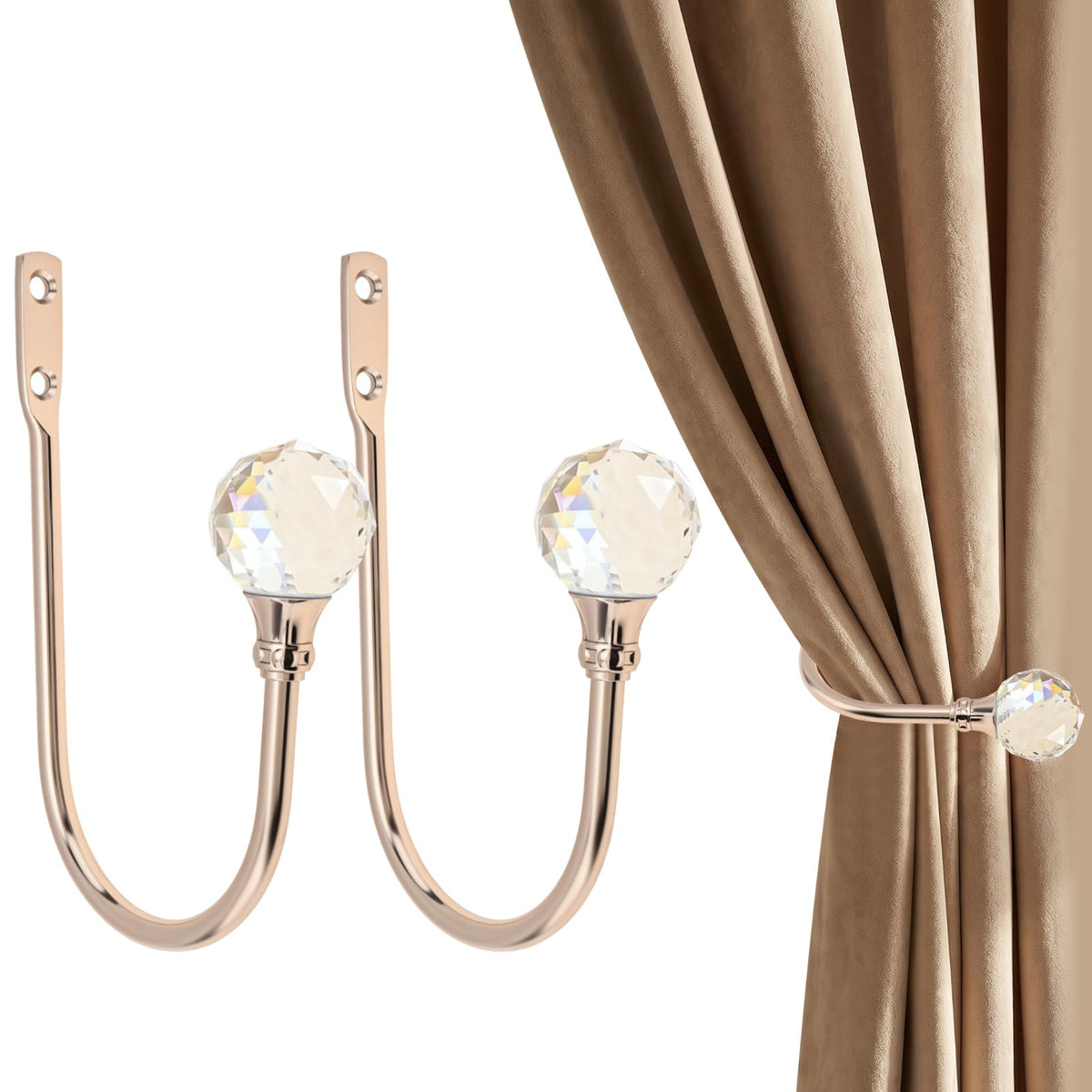 Curtain Holdback,2Pcs Wall Mounted Drapery Tiebacks with Clear Crystal Ball