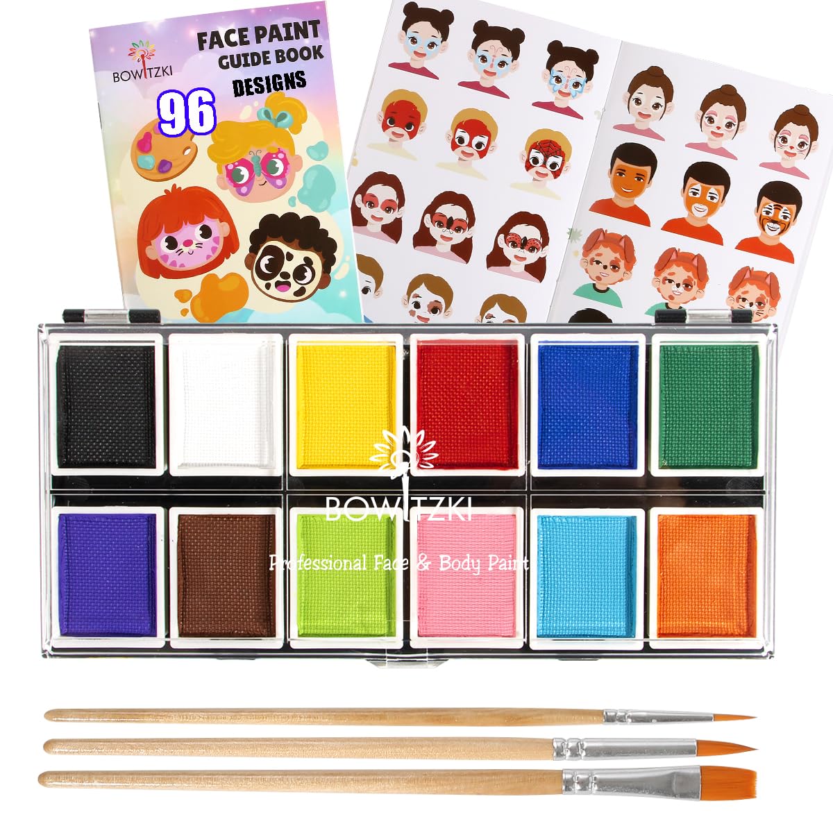 Professional Face Paint Kit, Bowitzki 12 Colors Non Toxic Hypoallergenic Water Based FDA Compliant Professional Halloween Makeup Body Face Painting Colors