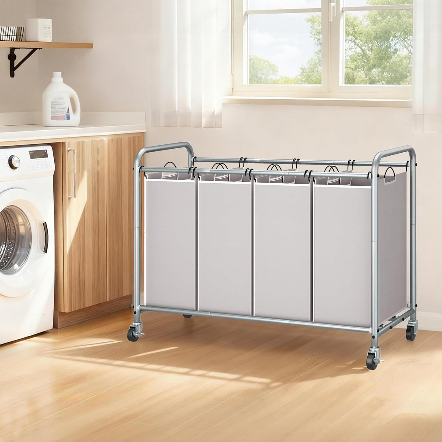 Storage Maniac Laundry Sorter - 4-Section 47.5 Gal Hamper with Wheels & Removable Bags | Gray