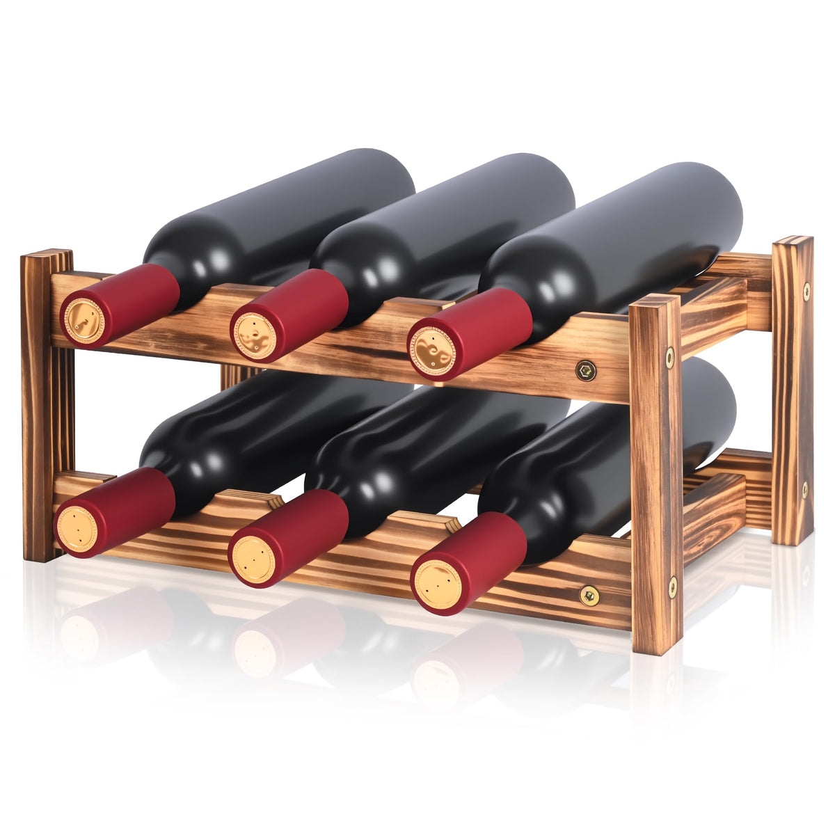 6-Bottle Wooden Wine Rack – 2-Tier Tabletop Countertop Space-Saving Wine Holder with Screwdriver Included, Easy Assembly Wine Storage Shelf for Kitchen, Bar, Pantry & Home Decor