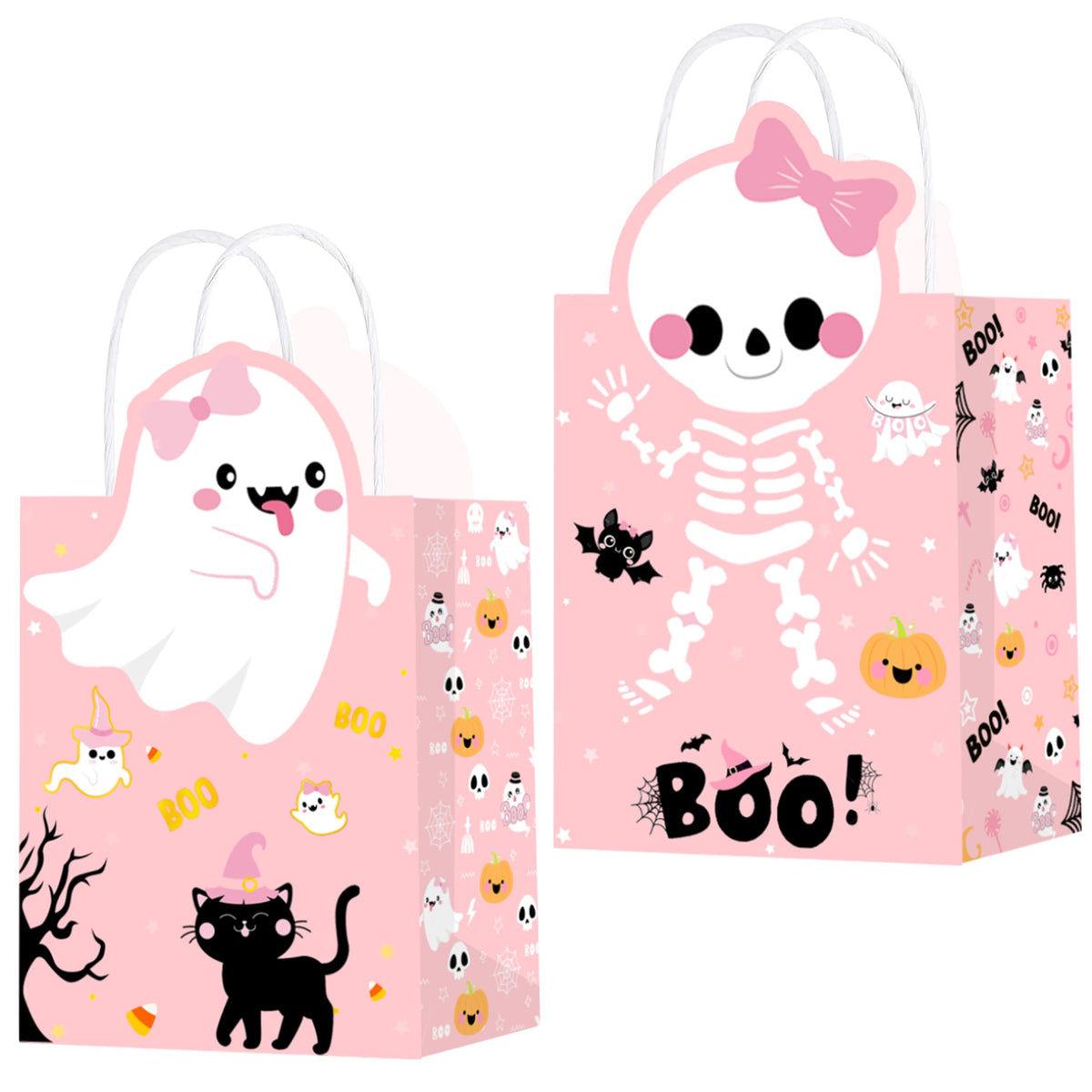 C L cooper life Halloween Party Tote Gift Bags with Handles 12pcs Pink Halloween Ghost Skull Candy Goodies Bags for Girls Ghost Bat Pumpkin Themed Trick or Treat Party Favor Supplies