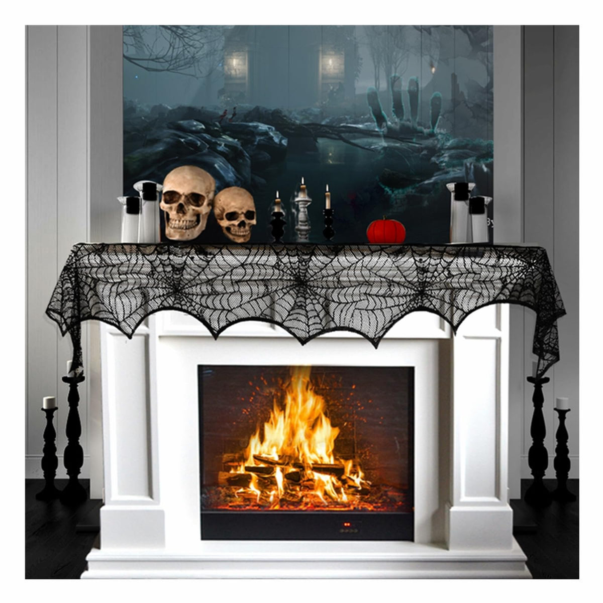GKkakuto Halloween Cobweb Fireplace Scarf, Black Lace Spiderweb Mantle Scarf for Halloween Home Party Supplies, 18 x 96 inch