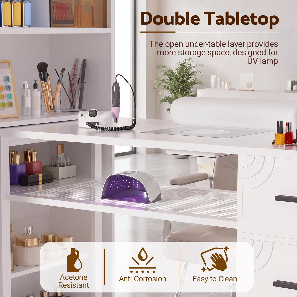 Oakvera Manicure Table with LED Display Cabinet, Mobile Nail Tech Desk Built-in Dust Collector, Nail Station with Double Tabletop, 3 Adjustable Shelves, Open Storage, Drawers & Cabinets, White