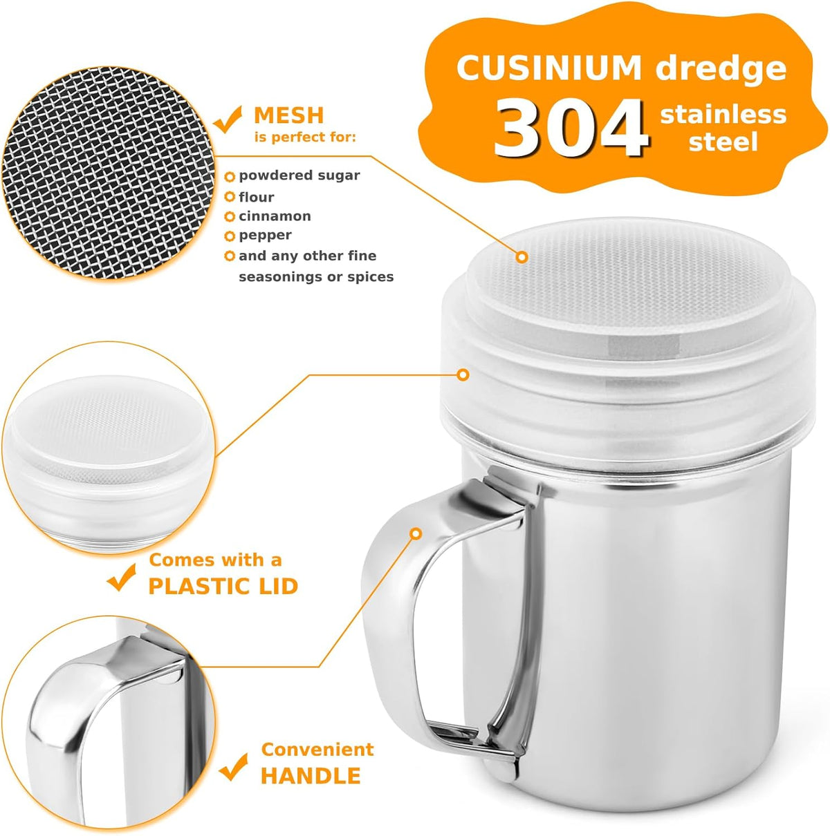 Accmor Powdered Sugar Shaker - Fine Mesh Stainless Steel Dredge for Sugar & Flour | 6 Ounce, 2 Pack