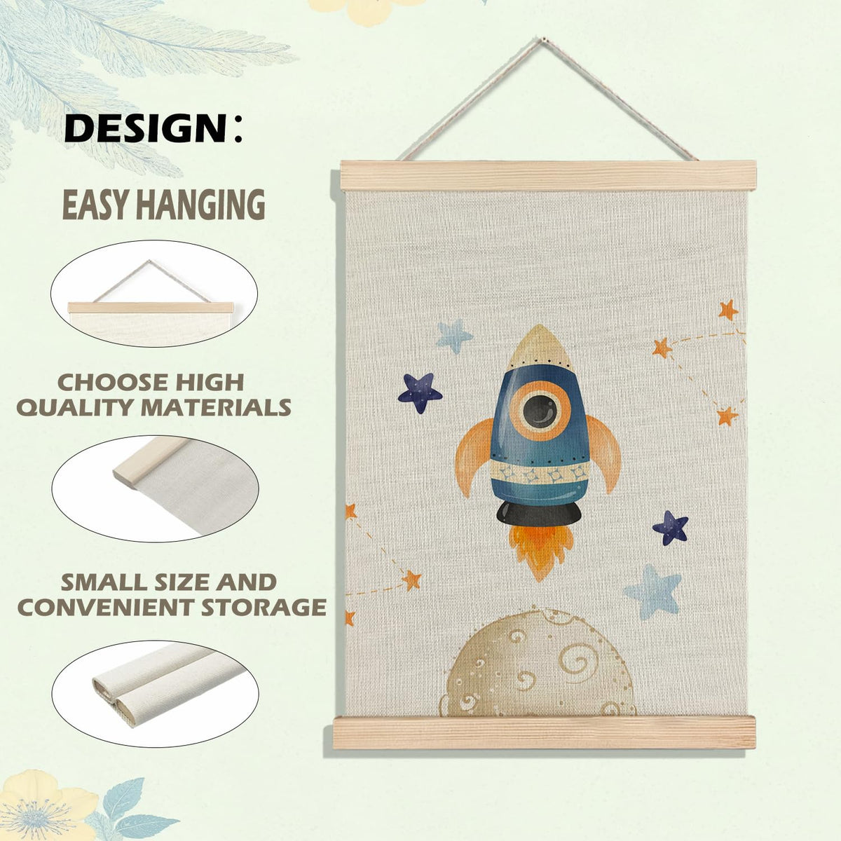BearCake Space Nursery Decor, Solar System Rocket Wall Art Poster Hanger Frame, Space Canvas Prints Framed Wall Decor for Classroom Toddler Boys Room Nursery Playroom, 12x16 Inch Set of 2