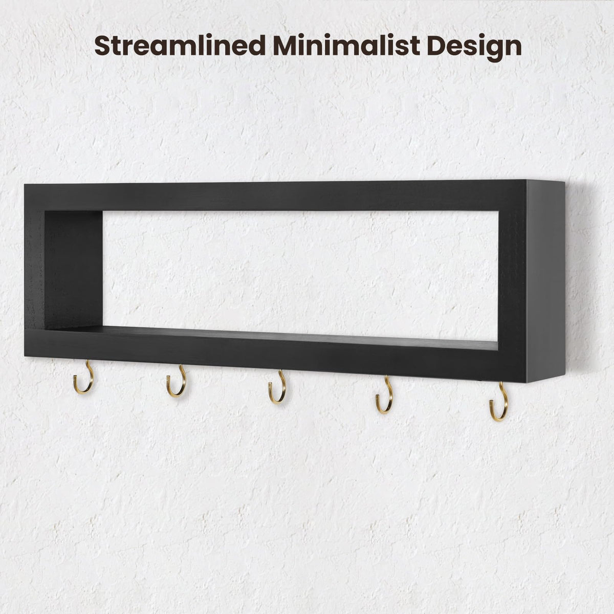 Lwenki Wall Shelf with Hooks - Decorative Key and Wallet Holder for Wall Holds Sunglasses, Leashes, Scarves and Lanyards - 15.7" x 5.1" x 2.9" Entryway Organizer Made of Paulownia Wood (Black)