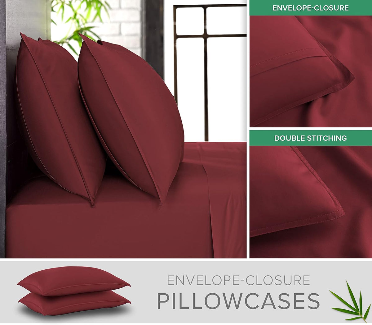 Pure Bamboo Full Bed Sheet Set - 100% Organic Viscose, Luxuriously Soft & Cooling | Merlot Color, Double Stitching