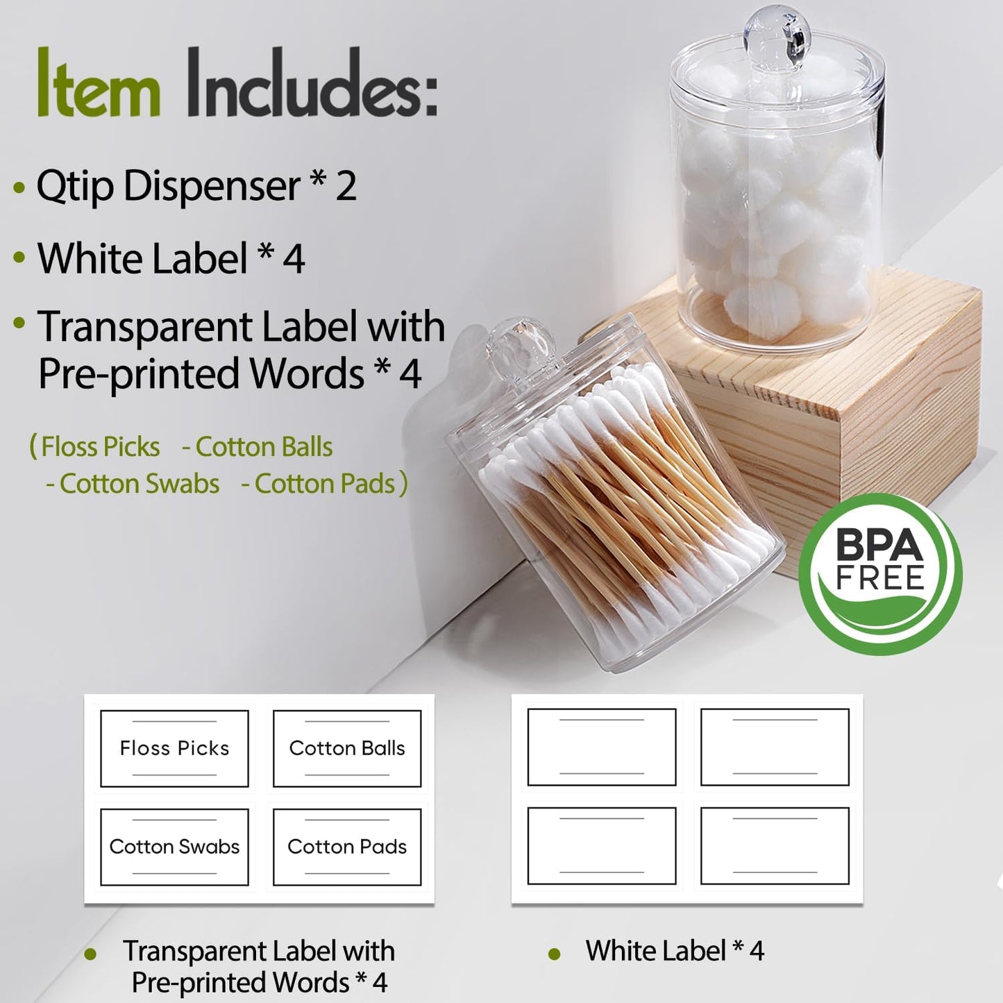 Skiennix Acrylic Qtip Holder Dispenser - Clear Plastic Canister Set for Cotton Swabs & Makeup Storage