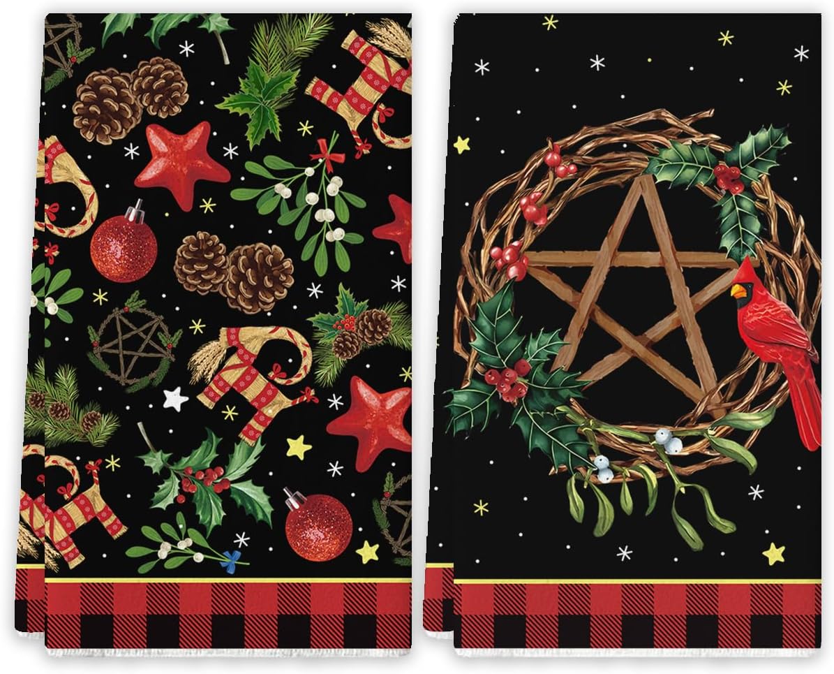 Yule Christmas Kitchen Towels - Scandinavian Straw Goat Julbock & Mistletoe Decor | Festive Dish Towels