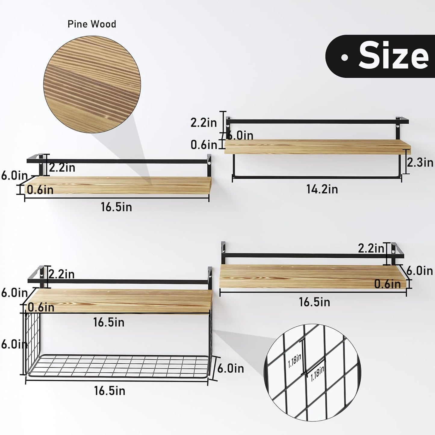 Wood Floating Shelves - 4-Tier Rustic Wall Mounted Shelves with Wire Basket & Towel Bar | Farmhouse Decor