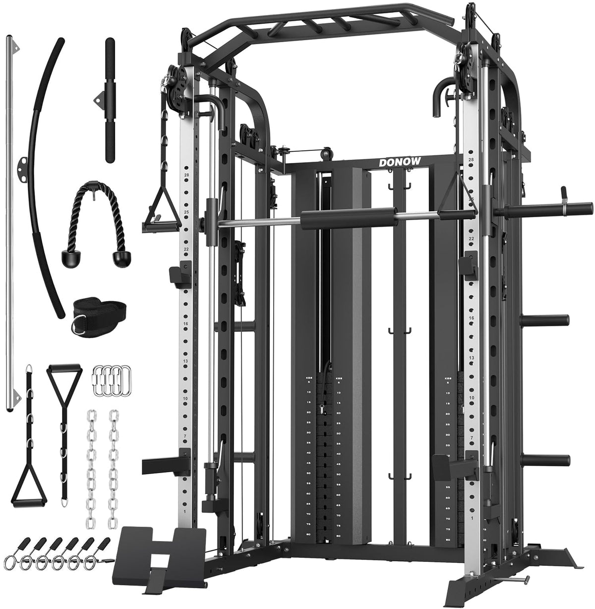 DONOW Smith Machine with Weight Stacks, Multi Function Home Gym System Training Power Cage Squat Rack Dual Cable Crossover Machine All in One
