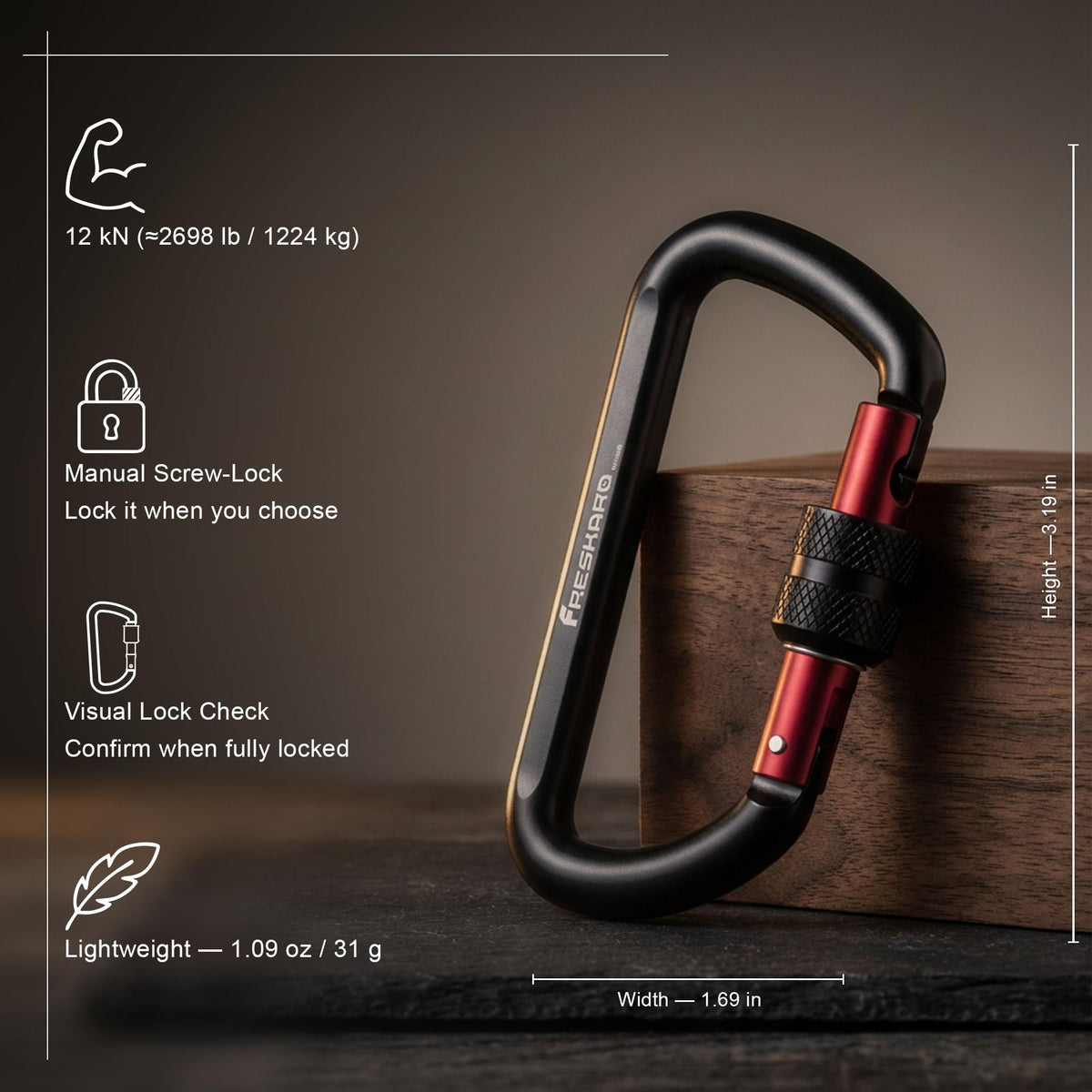 FresKaro Carabiner Clip, Locking and Small, Heavy Duty Carbineers, Key and Keychain Clips, Black Karabiner 3inch, Aluminum, D-Ring, for Belt, Hammock, Weight Bearing, Hiking, Dog Crate, 2Pack