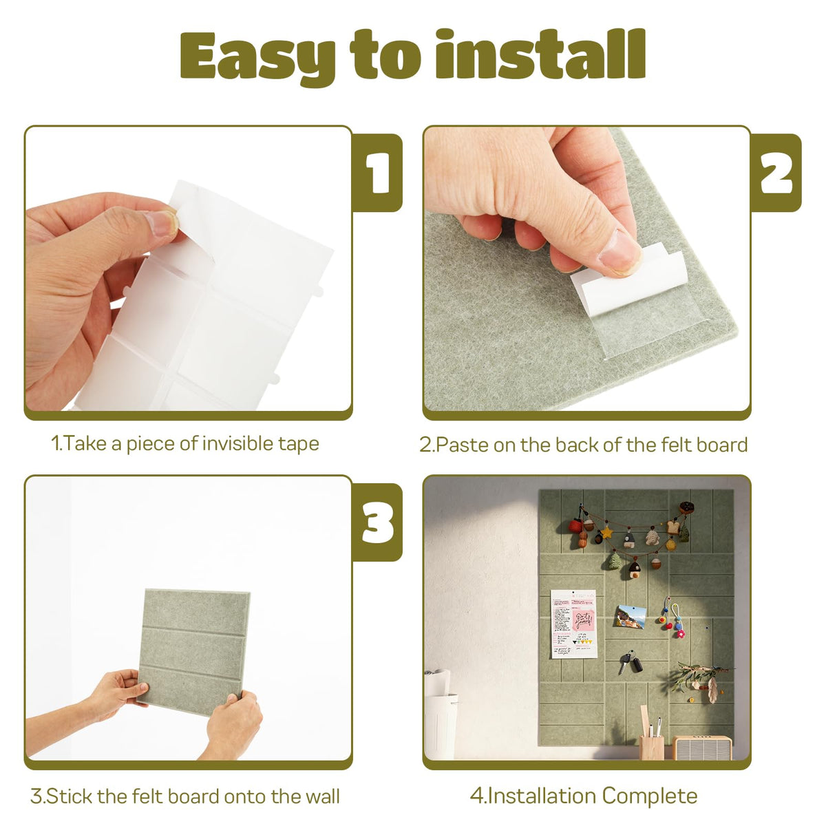 12 Pack Felt Bulletin Board Tiles - Modular Wall Panels (9.45"x9.45" Each), 0.35" Extra Thick Cork Board Alternative with Adhesive Tabs & Push Pins for Office Decor (Sage Green)