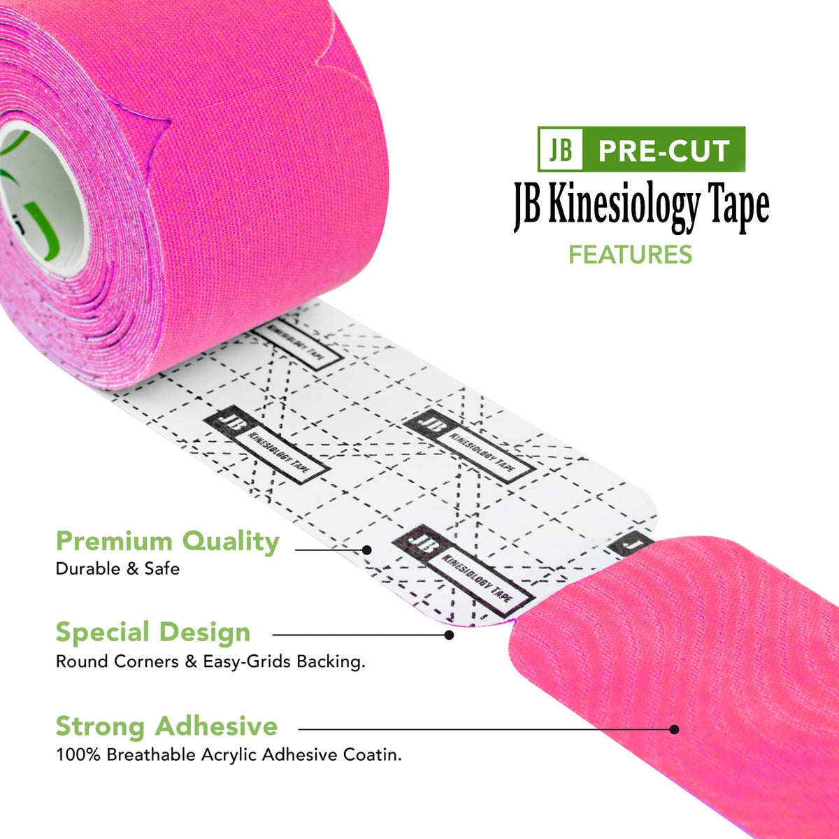 JB Tape Kinesiology Tape – 80 Precut 10-Inch Strips – Pink – Elastic, Latex-Free, Water Resistant – Athletic Muscle & Joint Support – 4 Rolls
