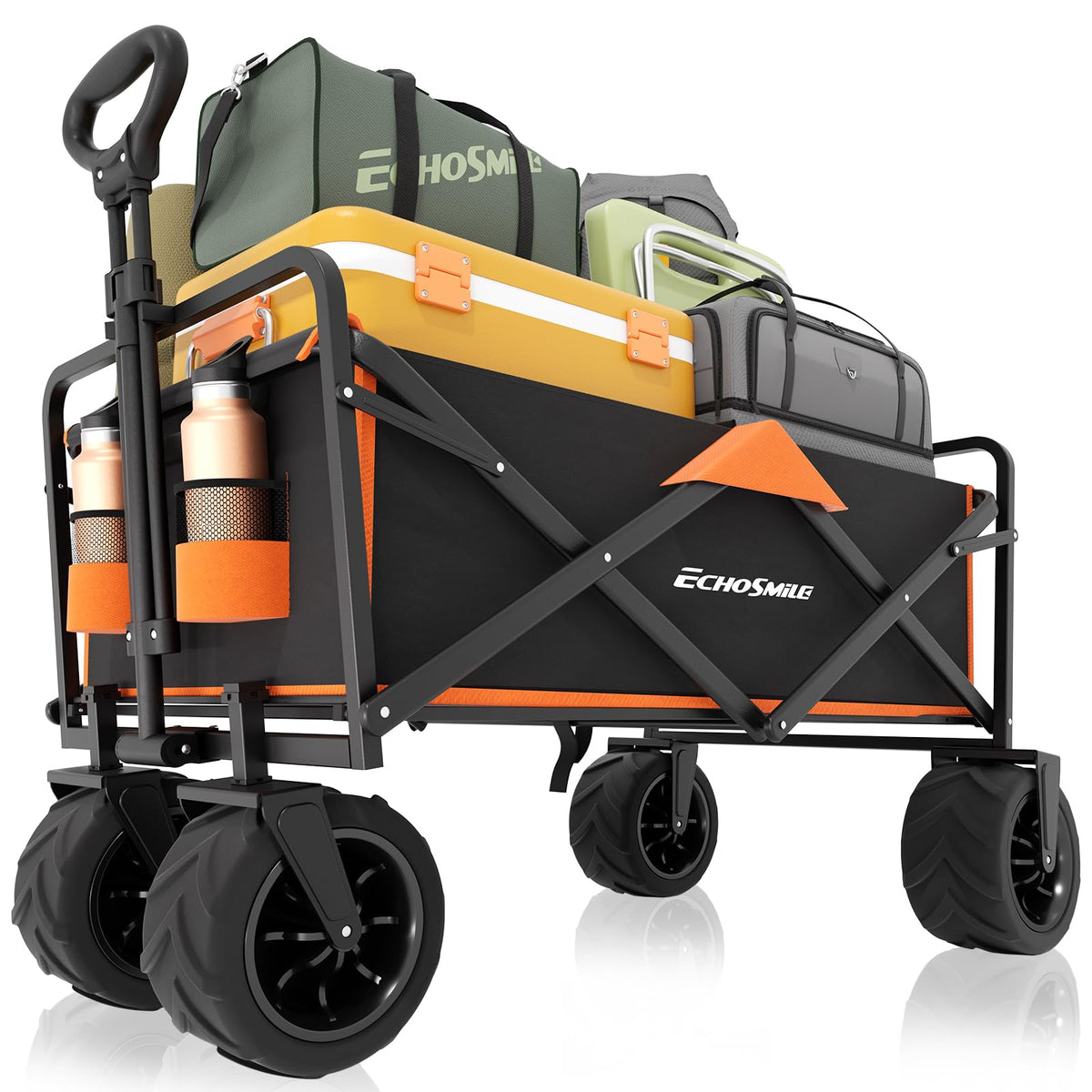 EchoSmile Heavy Duty 350 Lbs Capacity Collapsible Wagon, Outdoor Folding Camping Grocery Portable Utility Cart, Adjustable Rolling Carts, All Terrain Beach Wagon with Big Wheels (Black&Orange-Arrow)