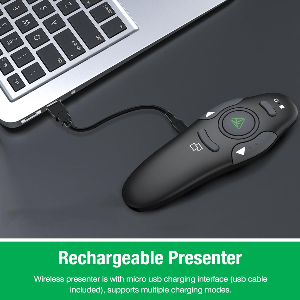 DinoFire Green Presentation Clicker Wireless Presenter Remote, RF 2.4GZ Rechargeable USB Slide Clicker for Powerpoint Presentation Computer Laptop
