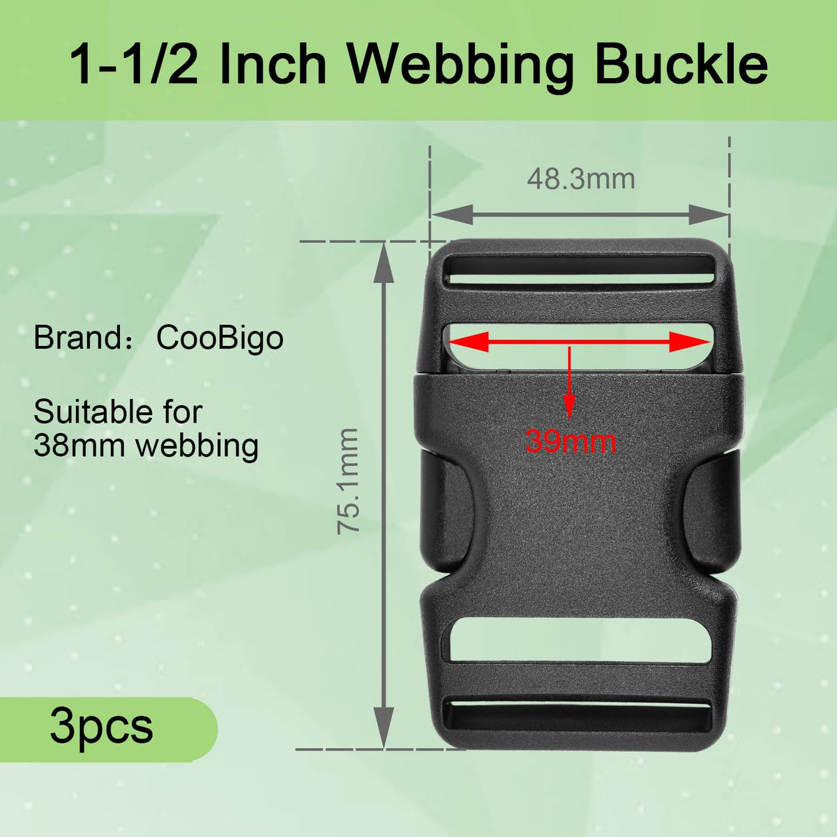 CooBigo 3pcs 1-1/2 Inch Plastic Buckle for Strap Replacment, Heavy Duty Belt Buckles Backpack Clips Luggage Webbing Straps Side Release Buckle Clasp