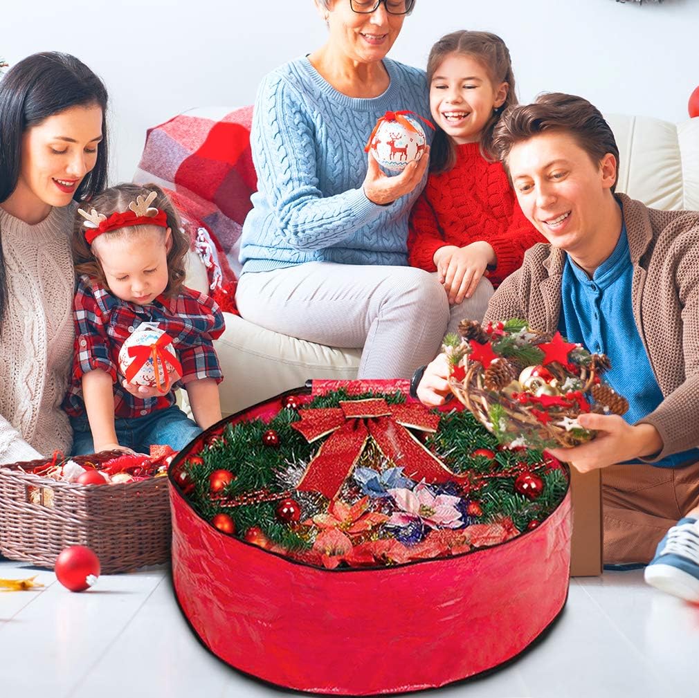 ProPik Christmas Wreath Storage Bag - Heavy-Duty Tear Resistant Container with Handles | 24” x 8” (Red)