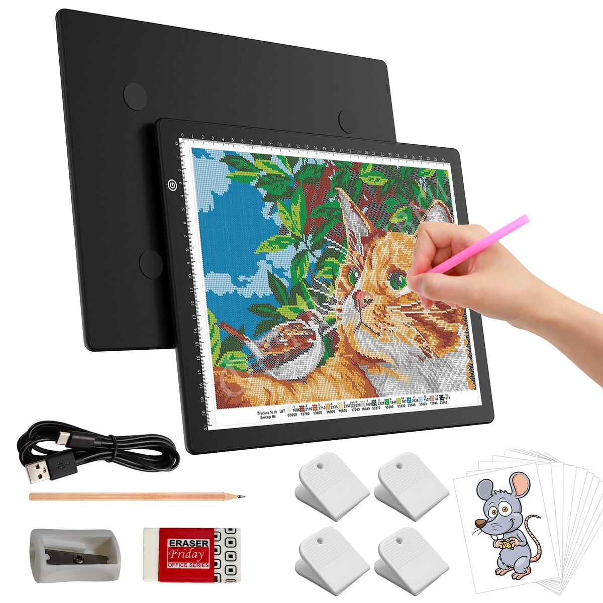 Elice A4 LED Tracing Light Box with 4 Clips, Ultra-Thin Diamond Art Light Board, Bright Light Pad, Lightbox for Tracing and Drawing, Artcraft Light Table for Weeding Vinyl, Diamond Painting, Sketching