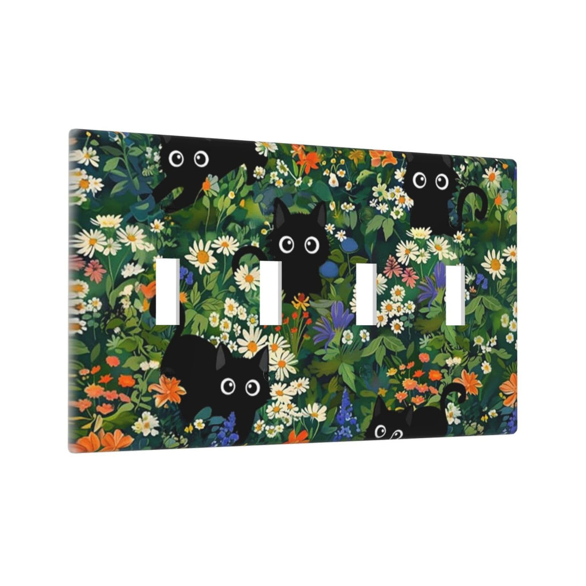Cute Black/Green Cats Decorative 4-Gang Quad Toggle Light Switch Wall Plate Cover, Nursery Playroom Summer Floral Flower Jungle Quadruple Toggle Device Switches Wall Plate Outlet Covers Standard Size