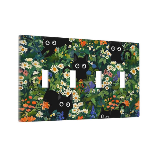 Cute Black/Green Cats Decorative 4-Gang Quad Toggle Light Switch Wall Plate Cover, Nursery Playroom Summer Floral Flower Jungle Quadruple Toggle Device Switches Wall Plate Outlet Covers Standard Size