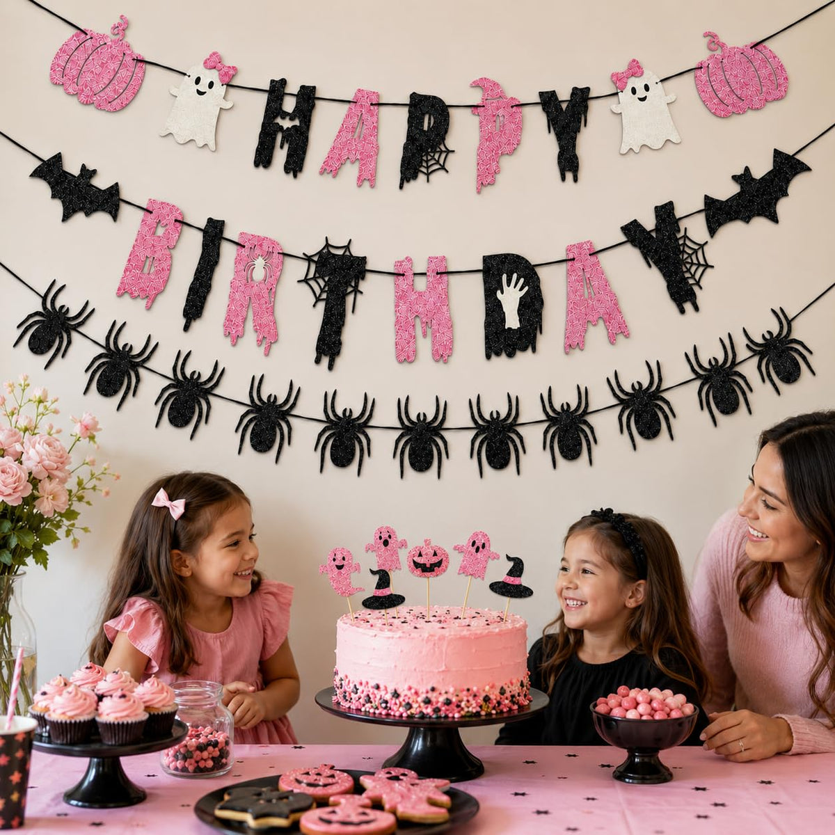 Pink Black Halloween Birthday Decorations, Cute Spooky Happy Birthday Banner with Ghost Pumpkin Bat Spider Garland, Halloween Party Supplies with Cake Toppers for Girls Birthday Party