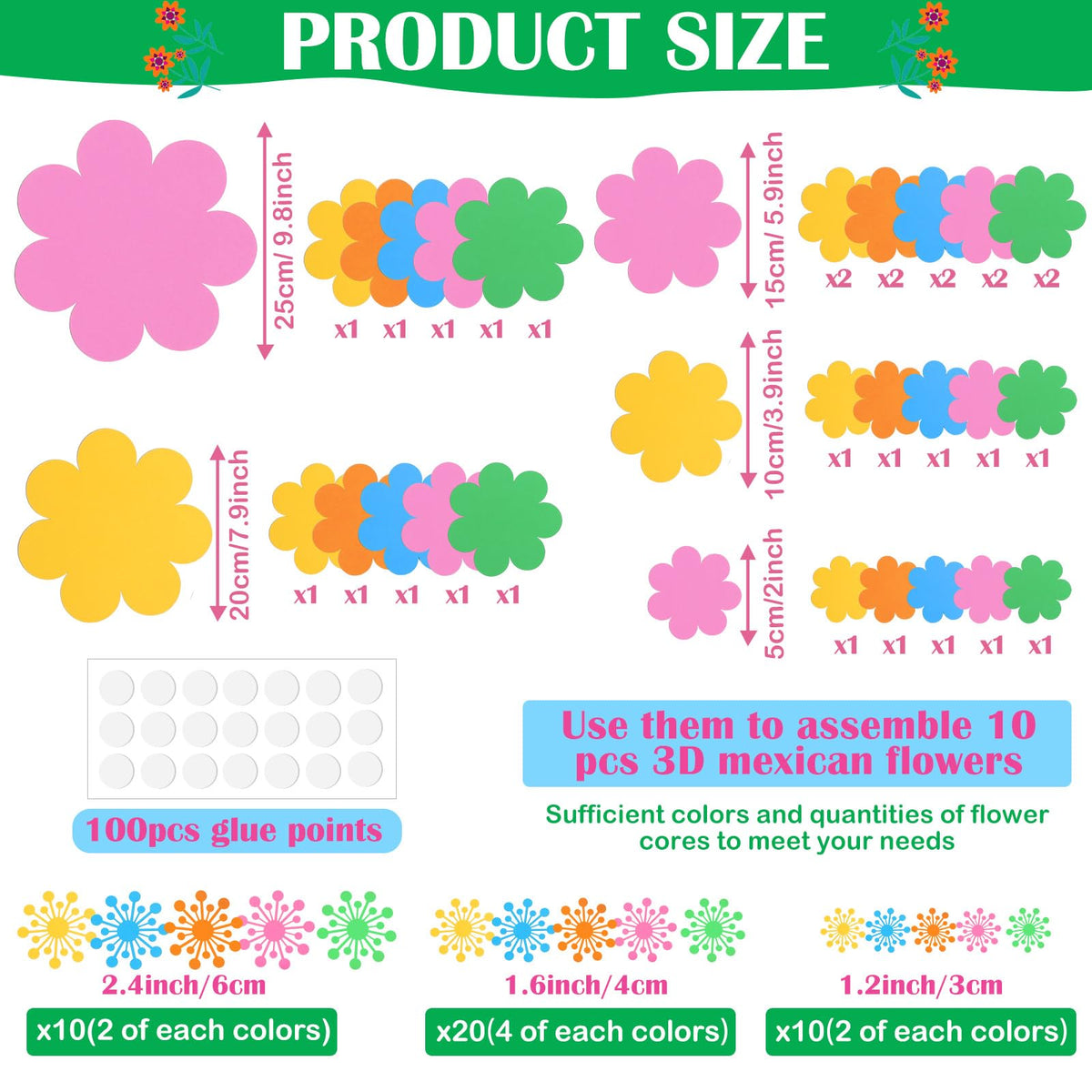 Mooliwe Paper Flowers Decorations for Wall DIY 3D Paper Bulletin Board Mexican Flowers Backdrop Decoration for Classroom Back to School Holiday Party(Bright,10 Set)