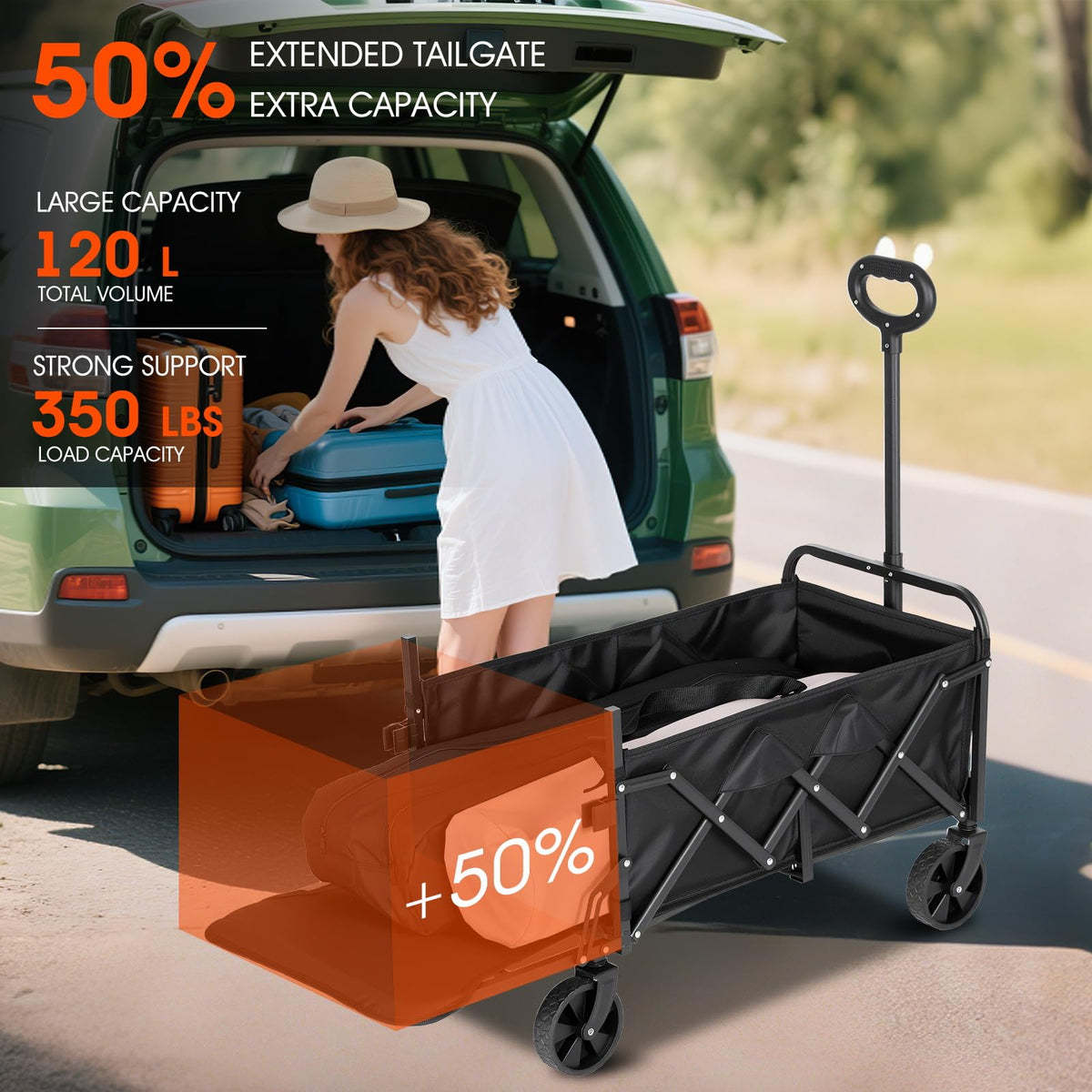 Verovita 350LBS Heavy Duty Collapsible Wagon with Extended Tailgate - 120L Foldable Utility Cart, All-Terrain Wheels Portable Beach Wagon for Camping, Grocery Shopping, Picnic & Outdoor Travel