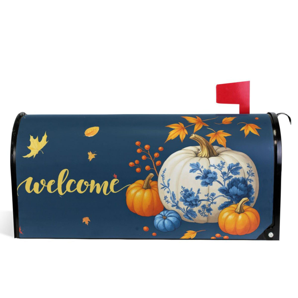 Wamika Welcome Fall Blue Magnetic Mailbox Covers Porcelain Pumpkin Maple Leaves Mailbox Cover Over Size Full Magnet Garden Yard Porch Mail Boxes Cover Holiday Decorations 25" L x 21" W