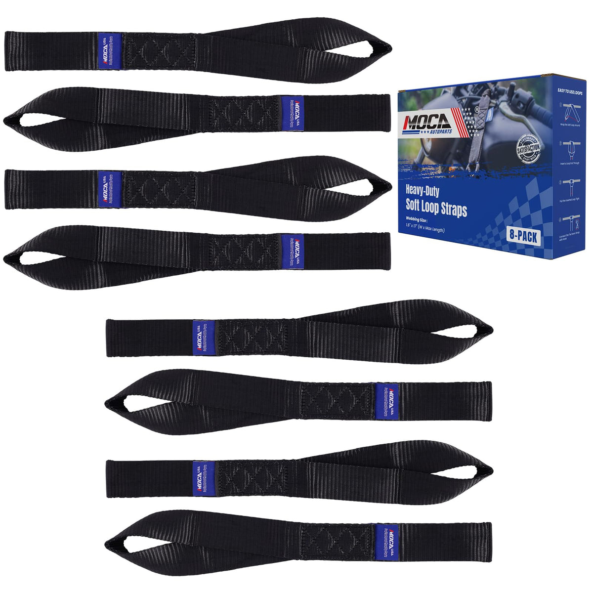 MOCA 8-Pack Soft Loop Tie Down Straps 12000 Lbs Breaking Strength 1.6 x 17 inches, Heavy Duty Tie Down Loops for Secure Trailering of Kayak, Motorcycles, ATV, UTV (8 Pieces, Black)