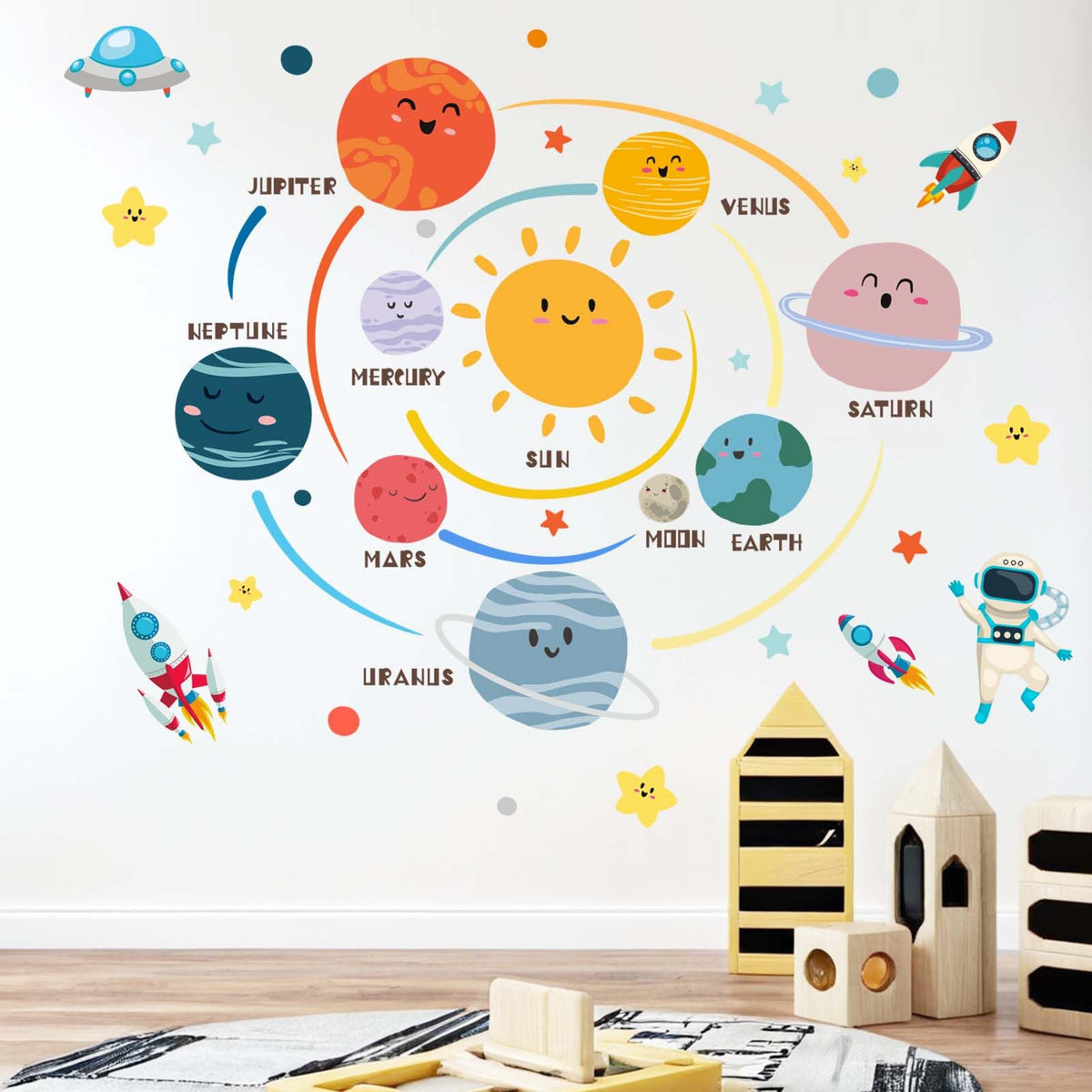 Amimagen Outer Space Planets Wall Decals - Astronaut Rocket Boys Wall Stickers - Baby Nursery Kids Room Daycare Playroom Wall Decor
