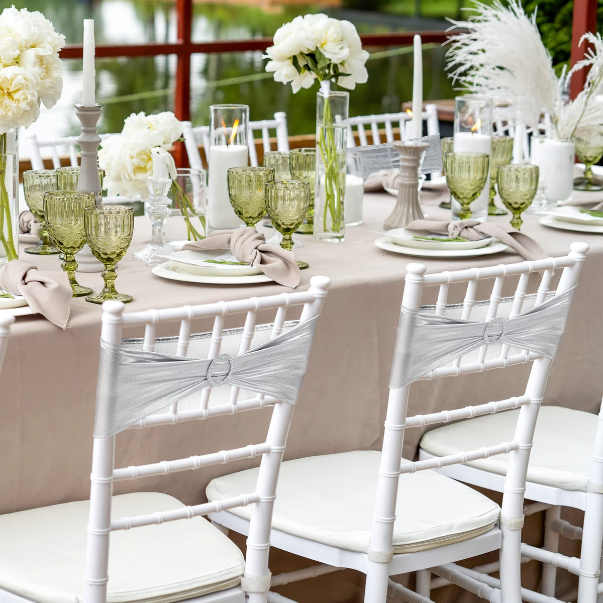 Oudain 120 Pieces Spandex Chair Sashes with Buckle Stretch Chair Cover Bands Bows for Wedding Hotel Banquet Events Decorations Sashes(Silver)