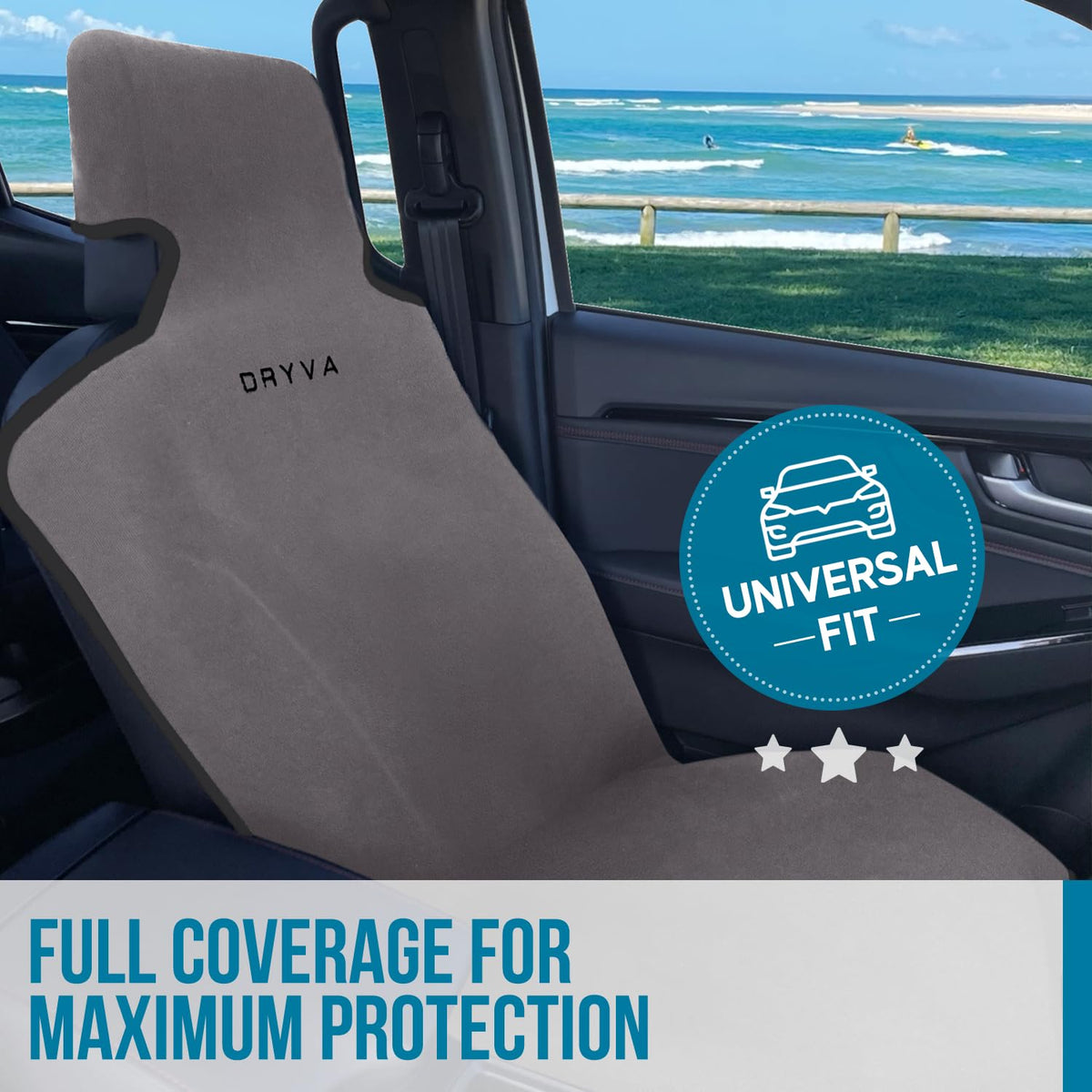 DryvaSeat - Premium Microfiber Towel Car Seat Cover - Waterproof & Sweatproof - Universal Fit, Machine Washable, Non-Slip - Seat Protector for Car, Truck, SUV, Van (Gray, 2 Pack)