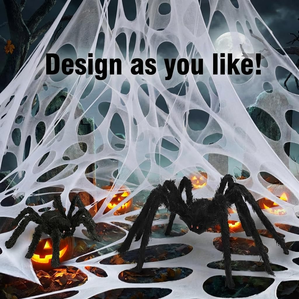 wymulot 1600 Sqft （After Streched with Holes） Uncut Giant Spider Web Halloween Decorations Outdoor with 10 Ground Nails Stretchy Beef Cloth Netting Cut-Your-Own Flexible Elastic for Yard Party Decor