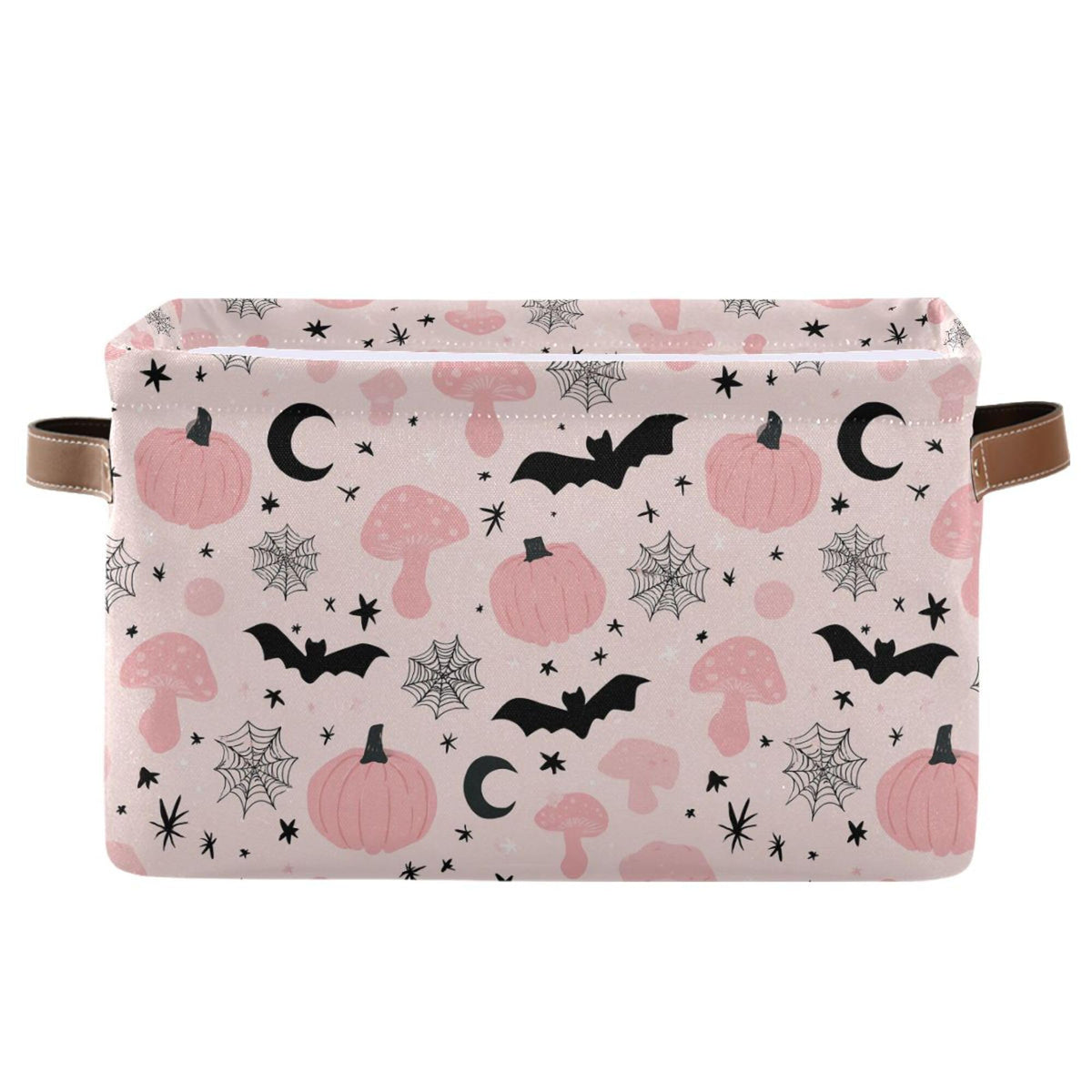 Happy Halloween Pink Storage Basket with Waterproof Liner and PU Handles Pumpkin Bat Moon Mushroom Storage Bins Boxes 14.2" Collapsible Decorative Organizer Baskets for Bedroom Closet Office 1 Pack