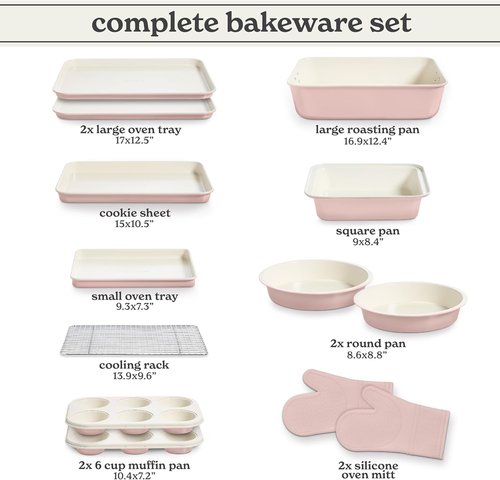 Country Kitchen Nonstick Bakeware Set - Durable, Easy Release 13-Piece Stackable Set in Pink