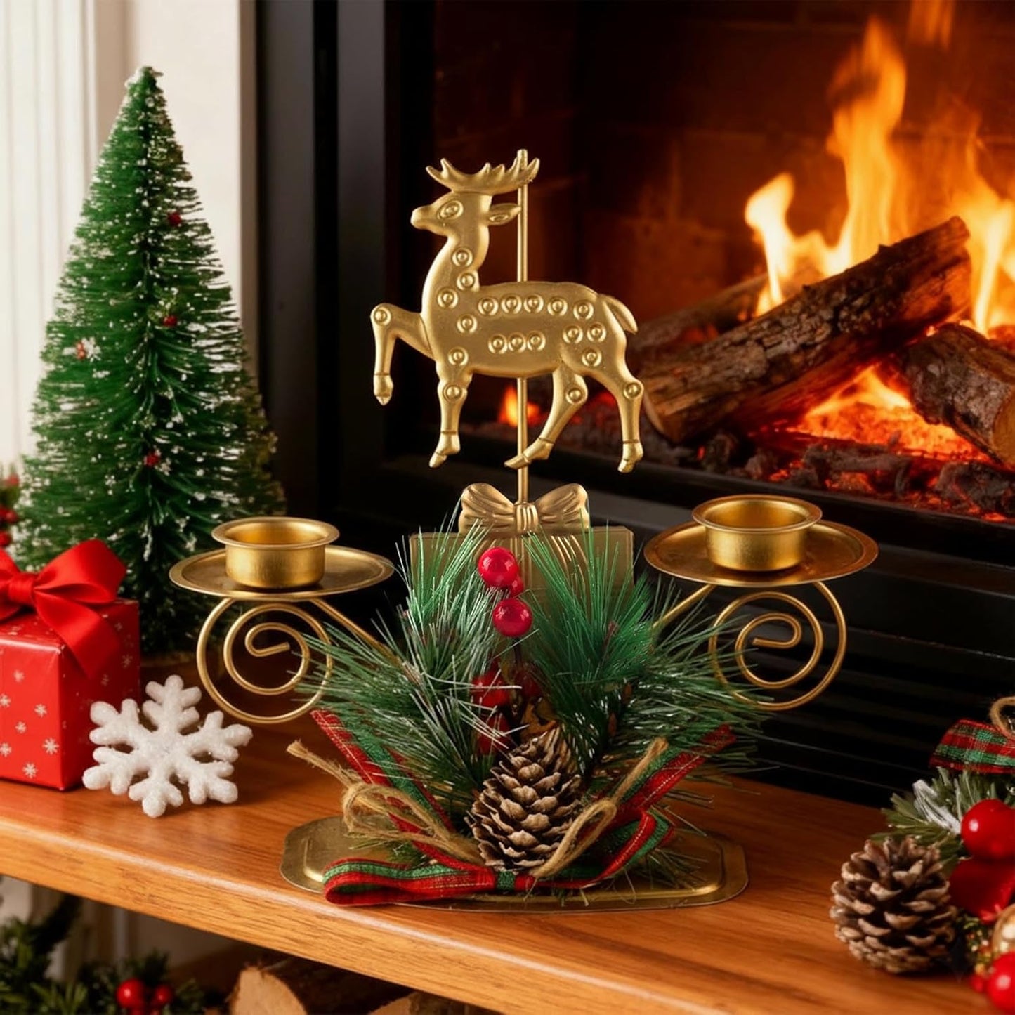 ABTOLS Reindeer Tealight Candle Holders - Festive Elk Gold Design with Red Berry | Perfect for Christmas Table Decor