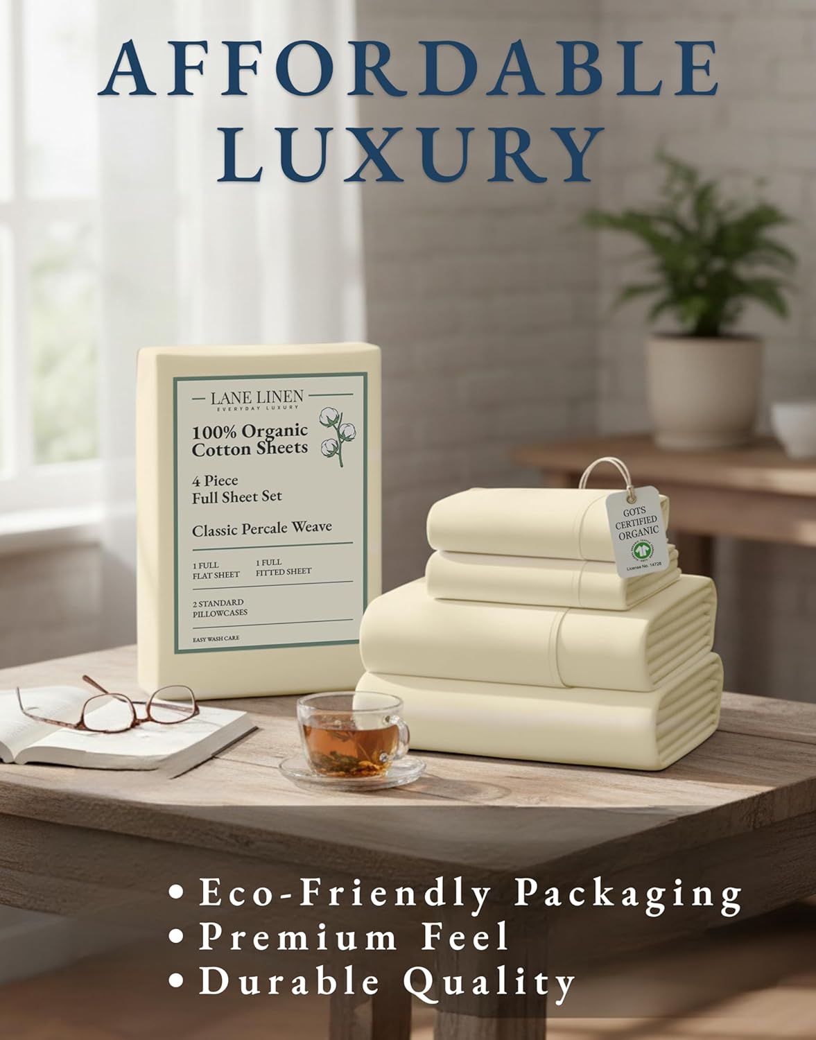 LANE LINEN 100% Organic Cotton Full Sheet Set - Ultra Soft Percale Bedding, Fits Mattresses Up to 15" Deep | Natural Color