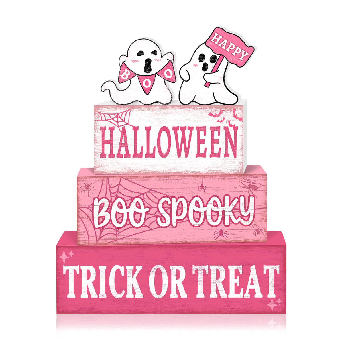 4 Pcs Pink Halloween Decor Indoor Wooden Tiered Tray Decorations, Pink Ghost Halloween Table Decor Farmhouse Tabletop Centerpieces for Farmhouse Home Kitchen Mantel Office