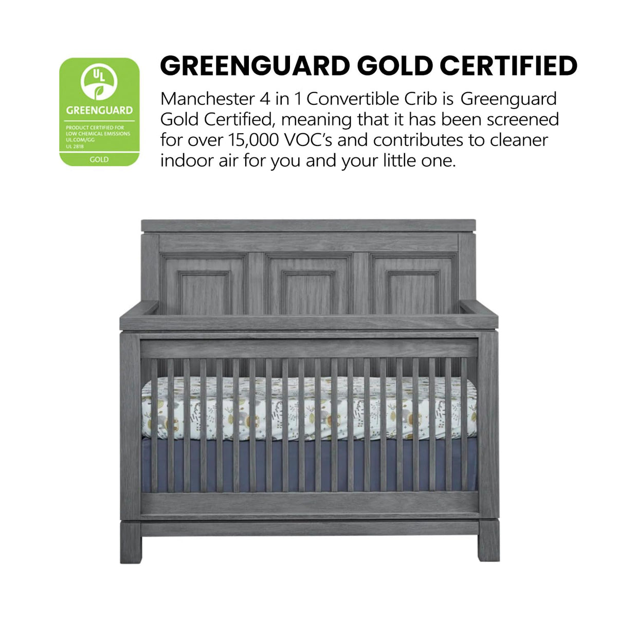 Soho Baby Manchester Premium 4-in-1 Convertible Crib, Flat-Top Headboard, Rustic Gray, GreenGuard Gold Certified