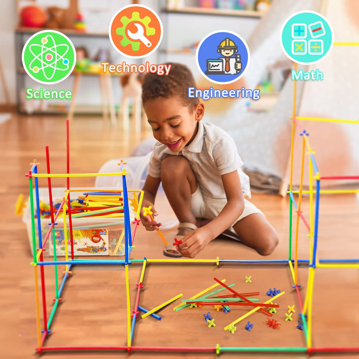 Ggiibro Straw Constructor Toys 800Pcs STEM Building Toy for 3+ Year Interlocking Plastic Engineering Toys Thin Tube Blocks Educational Toy Kit for Indoor Kids Toy with a Storage Box