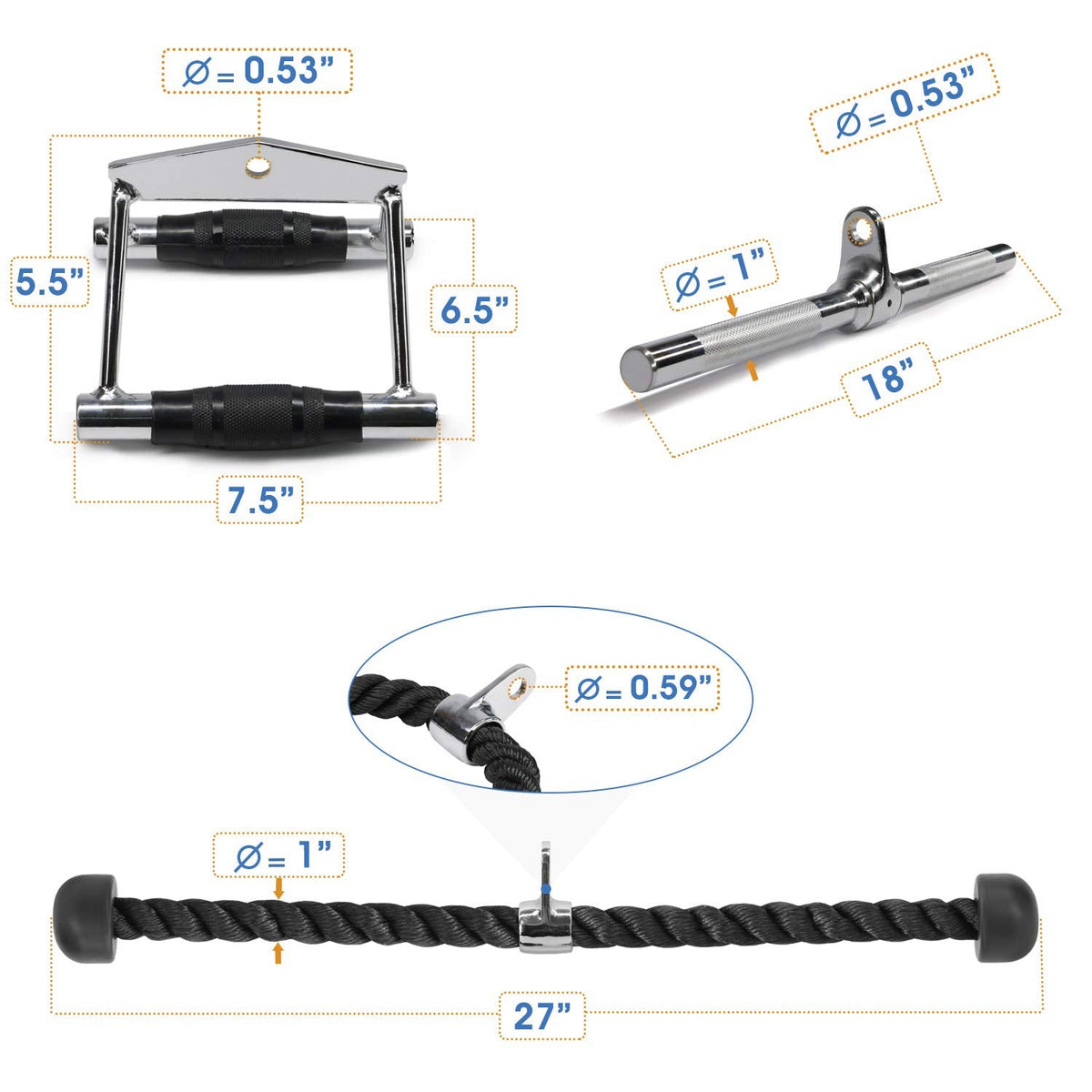 Yes4All Combo Double D Handle, Tricep Rope & V-Shape Bar, Multi Cable Machine Accessories, Tricep Press Down Cable Machine Attachment, LAT Pulldown Attachments for Home Gym Set