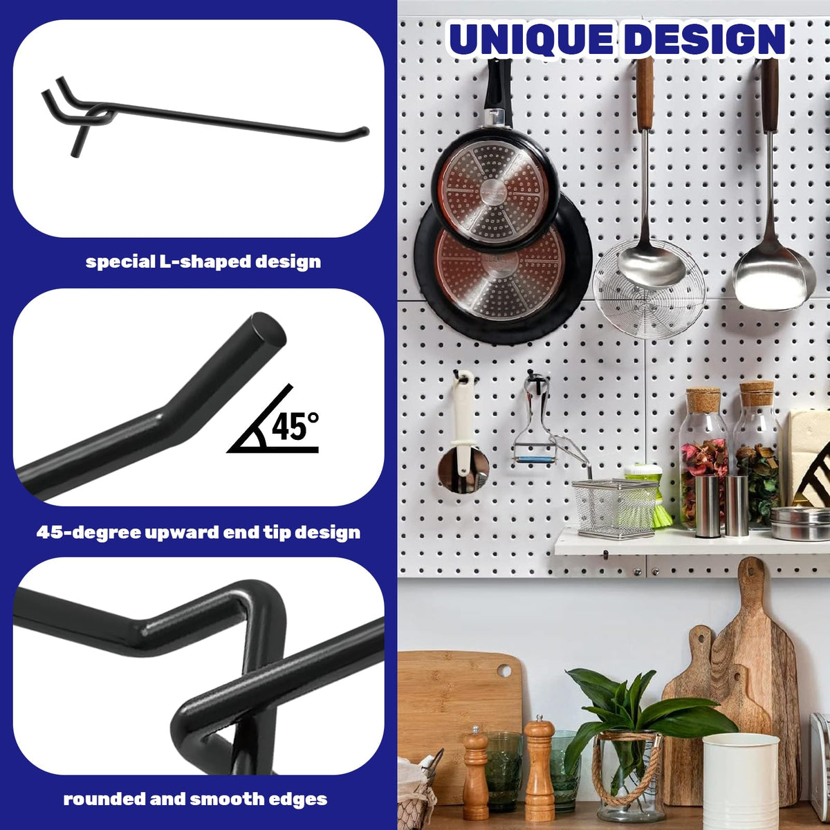 Waltool 40Pcs 2" /50mm Stainless Steel Pegboard Display Hooks Bulk Set, Black Garage Organization Peg Wall Hook Metal Slatwall Panel Hook Fit 1/8 and 1/4 Inch Pegboard for Retail