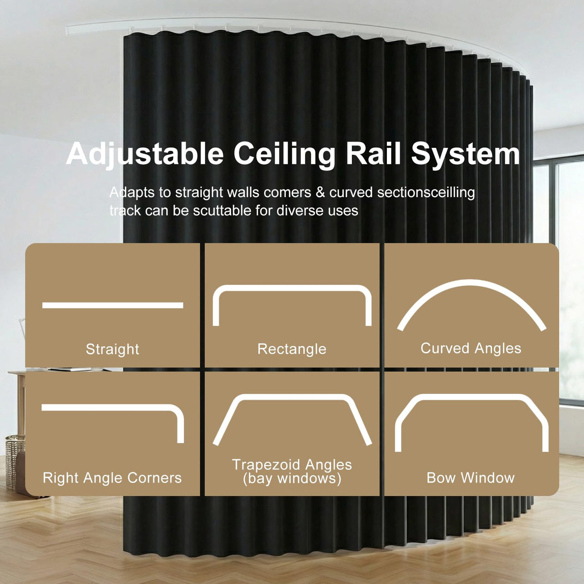 Room Divider Curtains Flexible Ceiling Tracks set,Blackout Ceiling Track Curtain for Sliding Glass Door Living Room Bedroom,Ceilings Curtain Rod Privacy Divider Panel W100xH84 Black Drape&White rail