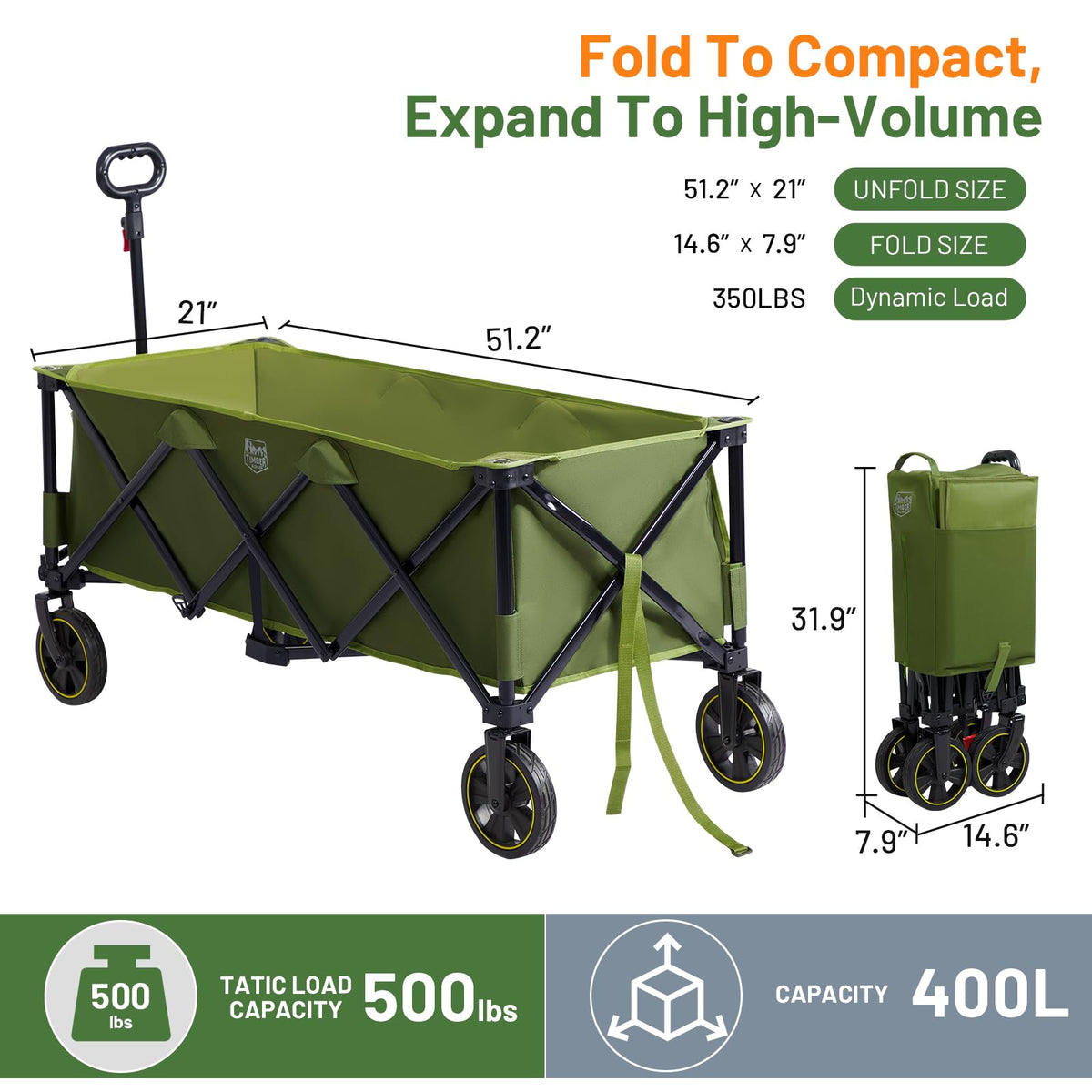 Timber Ridge 51.2'' Extended Collapsible Wagon Cart with Brakes and Cargo Net, Heavy Duty Foldable Utility Wagon with Adjustable Handle, 400L Capacity Portable Cart for Camping Sports Shopping