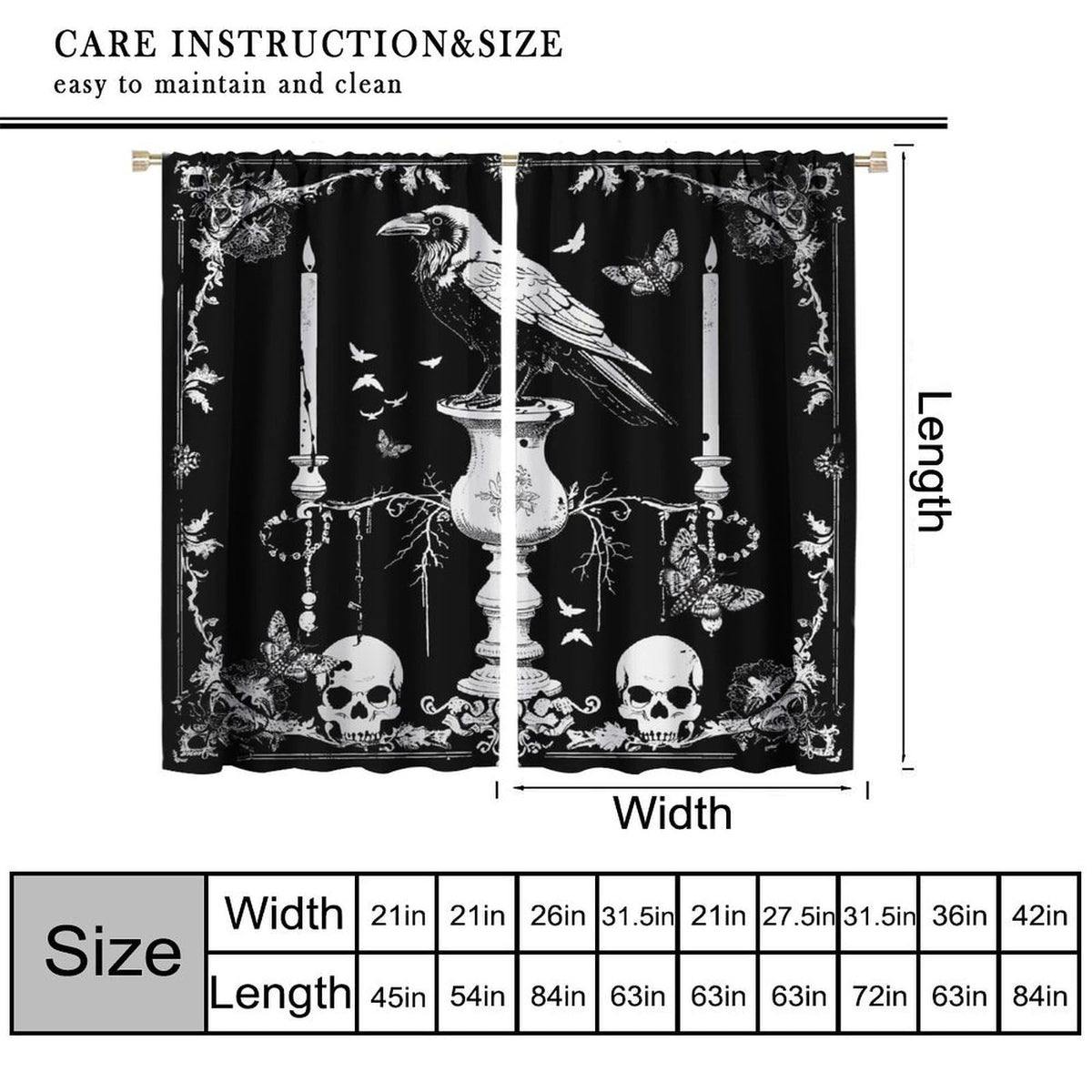 AAVEUP Gothic Crow Curtains for Boys,Mysterious Simple Eerie Skull Moth Raven Candle Flower Window Drapes Print for Halloween Kids Boys Girls Bedroom Living Room Bathroom 42x45in