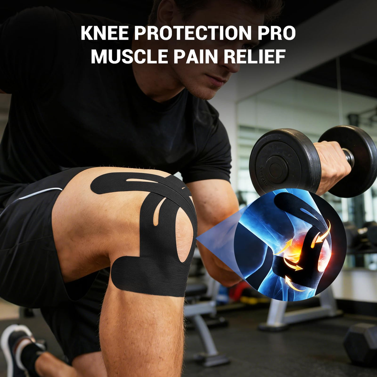 12 Pack Precut Kinesiology Tape for Knees & Shoulder, Knee Support & Stability for Sports, Waterproof & Elastic Tape for Knee Pain Relief, Breathable Hypoallergenic & Latex-Free, Black